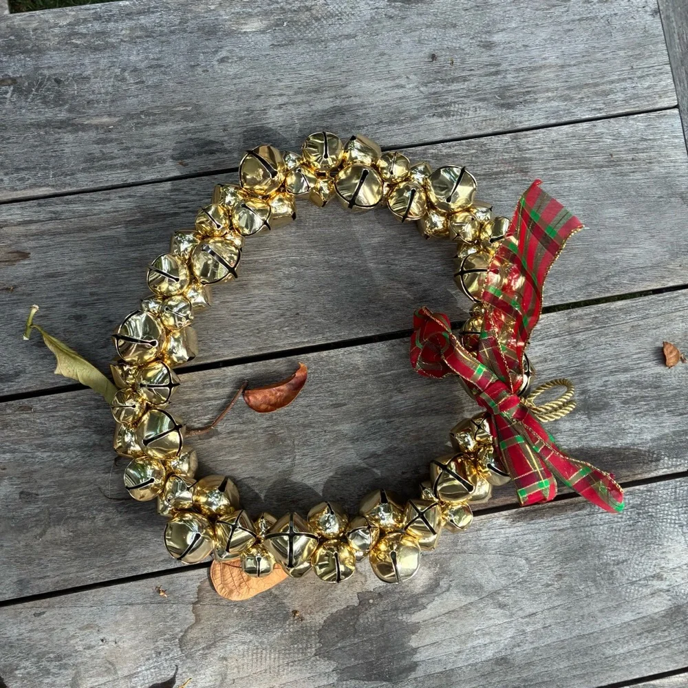 Festive Gold Bell Wreath with Red Plaid Ribbon